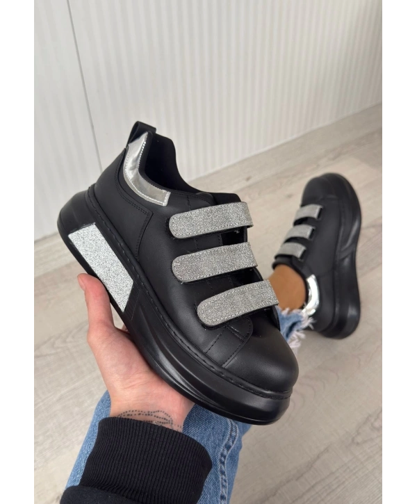 Elika Siyah Cilt Simli Cırt Cırtlı Spor Ayakkabı