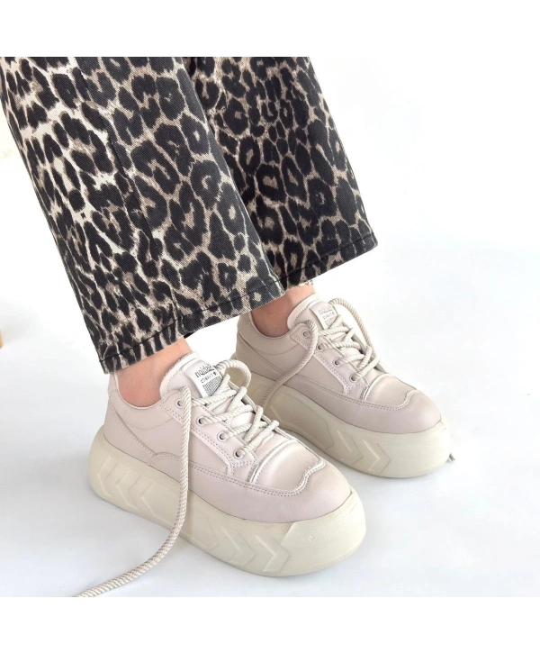 Emwa Bej Cilt Bağcıklı Spor Ayakkabı