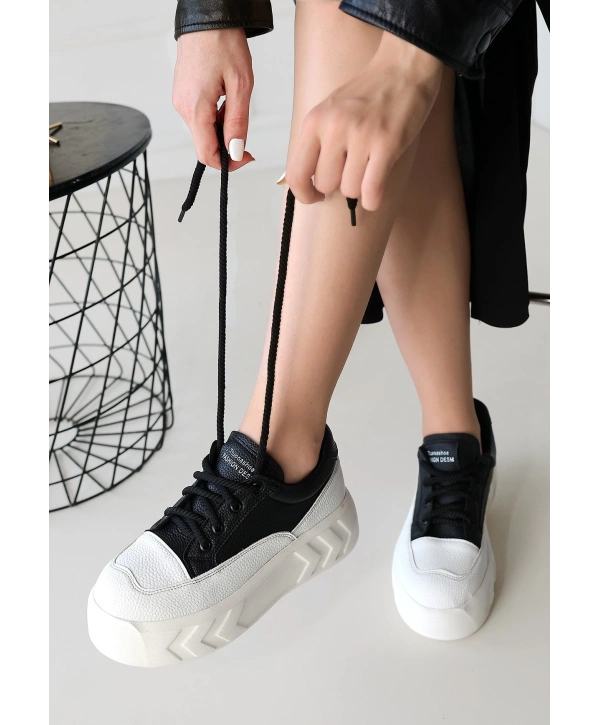 Emwa Siyah Cilt Bağcıklı Spor Ayakkabı