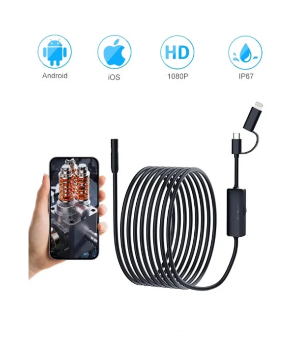 Endoskop Yılan Video Kamera Ios Ve Android Uyumlu Led’li 10 Metre 8 Mm Sert Kablo 2mp