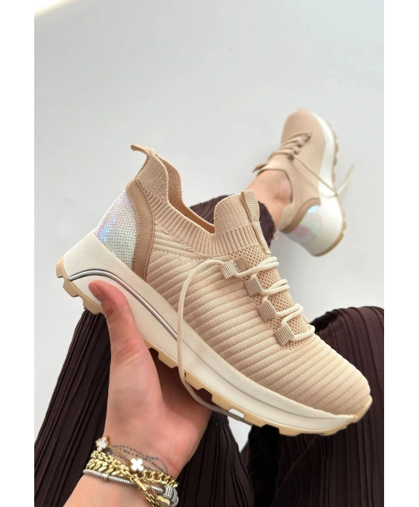 Feort Bej Triko Bağcıklı Spor Ayakkabı