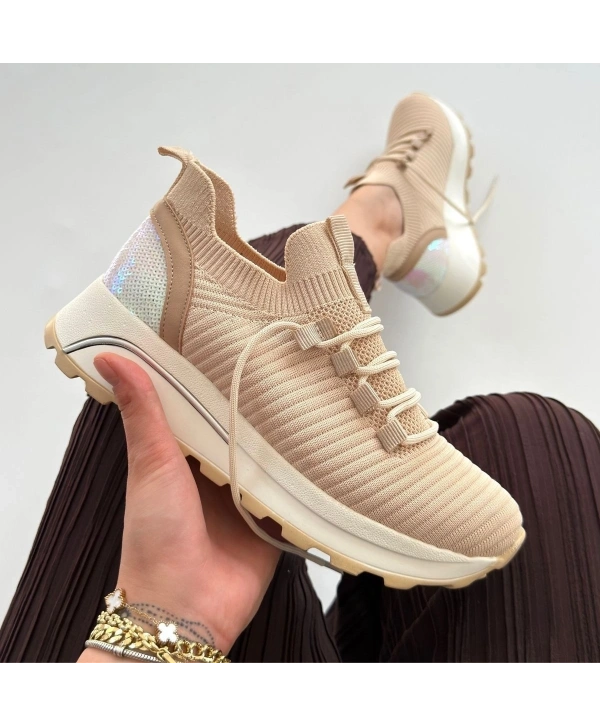 Feort Bej Triko Bağcıklı Spor Ayakkabı