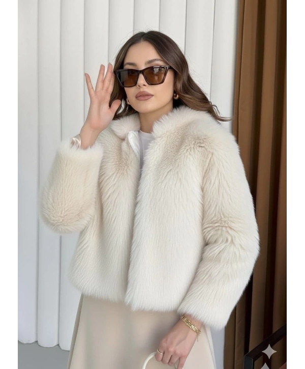 Fermuarlı kısa kürk siyah ekru t7746