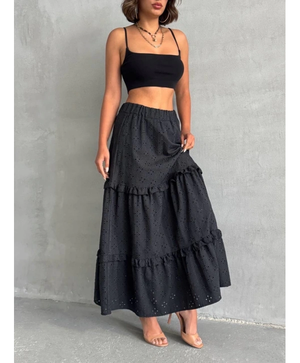 Fırfırlı brodeli astarlı uzun etek siyah s255047