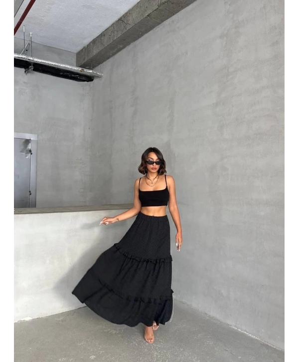 Fırfırlı brodeli astarlı uzun etek siyah s255047