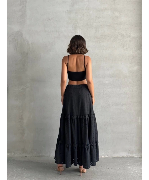 Fırfırlı brodeli astarlı uzun etek siyah s255047