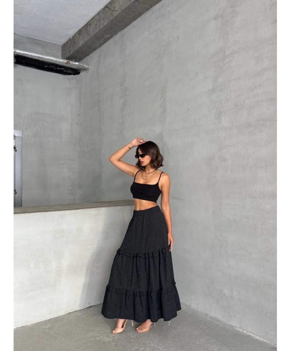 Fırfırlı brodeli astarlı uzun etek siyah s255047