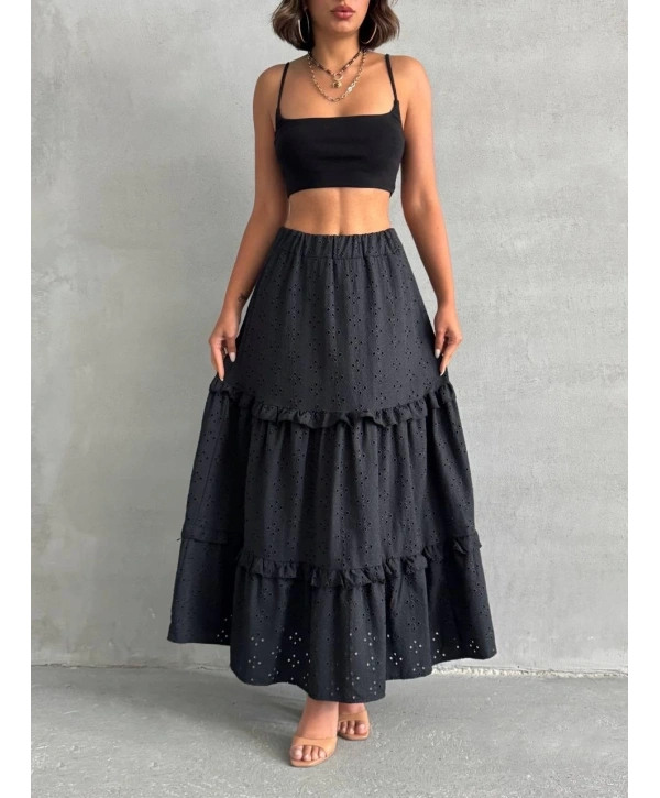 Fırfırlı brodeli astarlı uzun etek siyah s255047