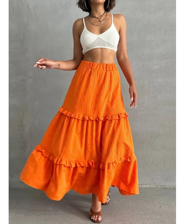 Fırfırlı brodeli astarlı uzun etek turuncu s255047