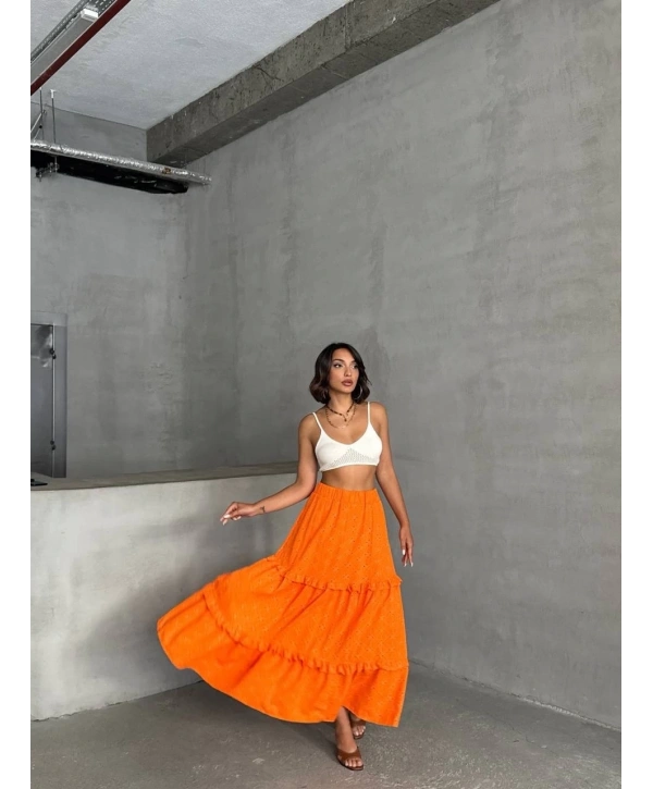 Fırfırlı brodeli astarlı uzun etek turuncu s255047