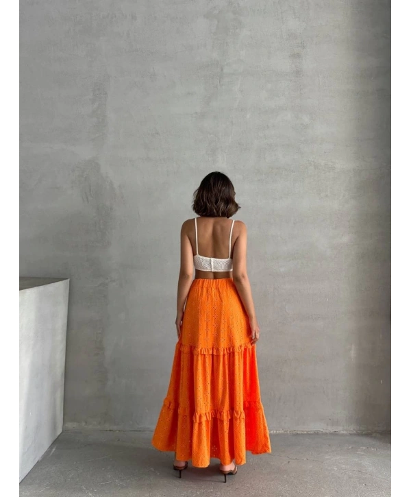 Fırfırlı brodeli astarlı uzun etek turuncu s255047