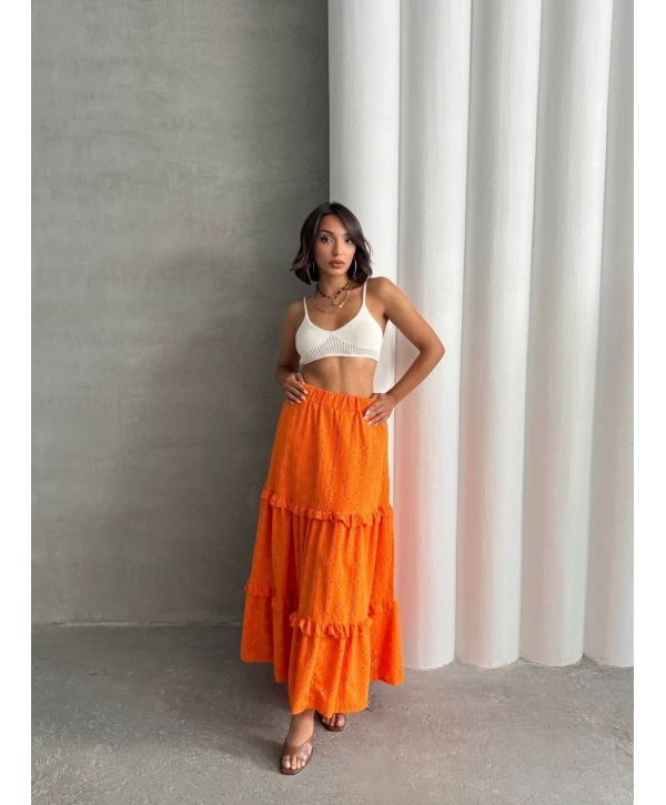 Fırfırlı brodeli astarlı uzun etek turuncu s255047