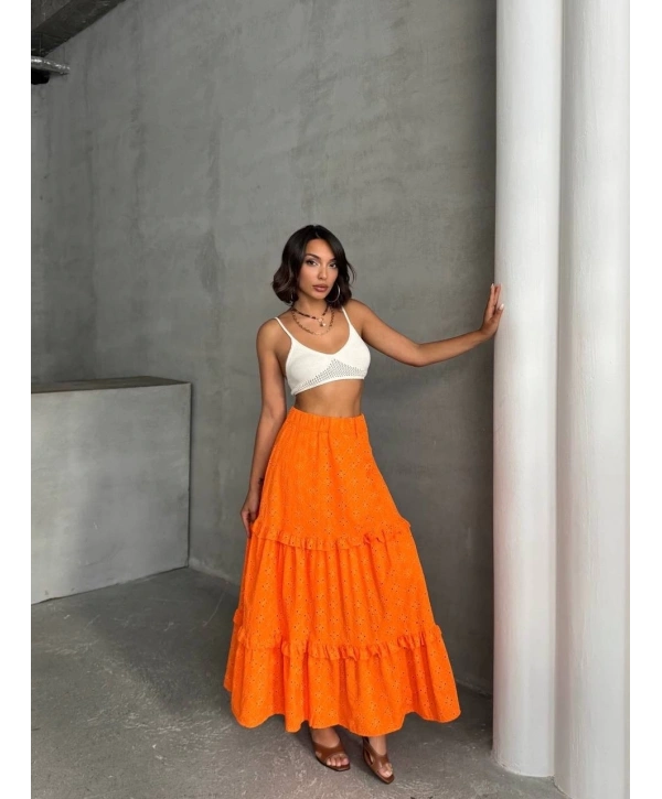 Fırfırlı brodeli astarlı uzun etek turuncu s255047