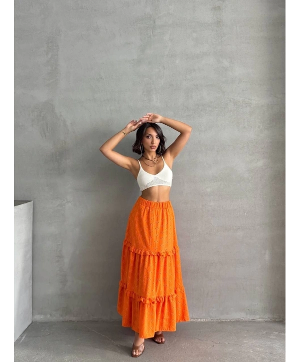 Fırfırlı brodeli astarlı uzun etek turuncu s255047