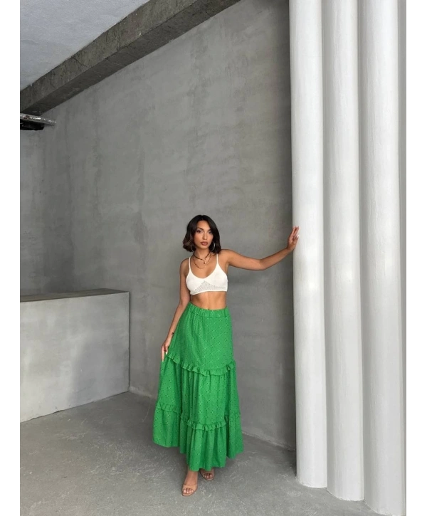 Fırfırlı brodeli astarlı uzun etek yeşil s255047