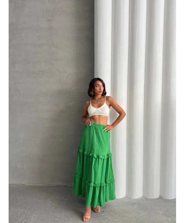 Fırfırlı brodeli astarlı uzun etek yeşil s255047