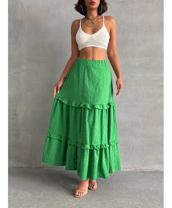 Fırfırlı brodeli astarlı uzun etek yeşil s255047