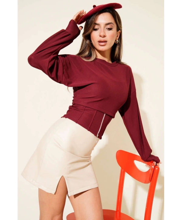 Fitilli Bisiklet Yaka İkili Bluz bordo T4341