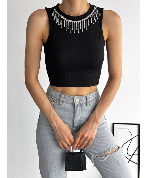 fitilli kaşkorse yakası zincirli atlet siyah