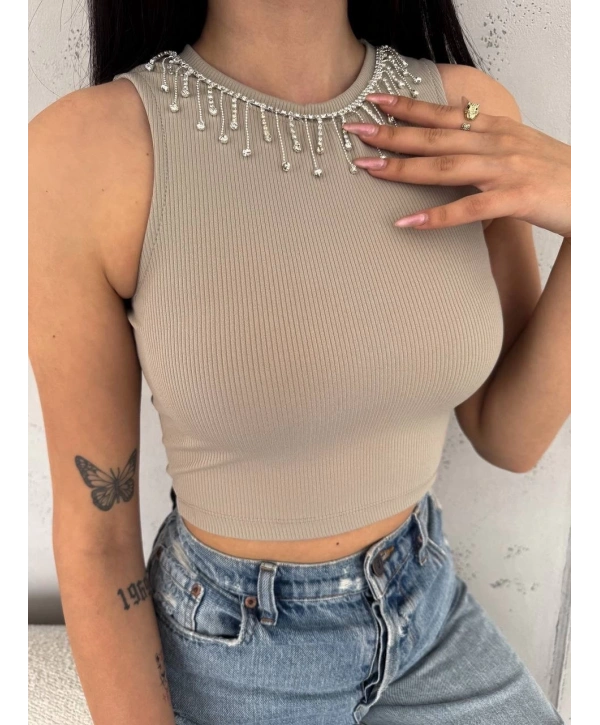 fitilli kaşkorse yakası zincirli atlet vizon