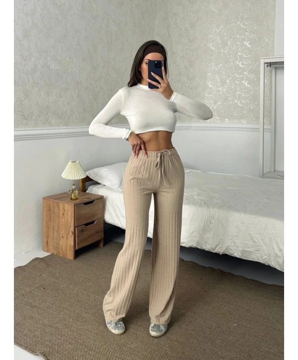 Fitilli şardonlu pantolon bej a4058