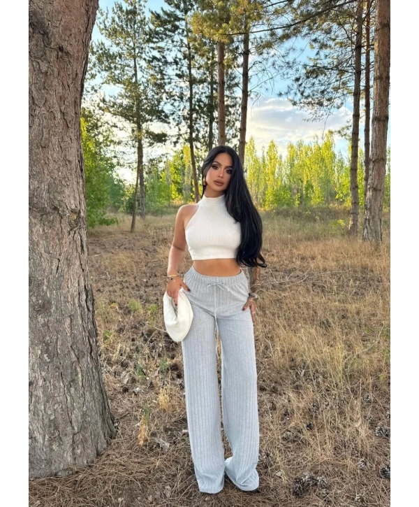 Fitilli şardonlu pantolon gri a4058