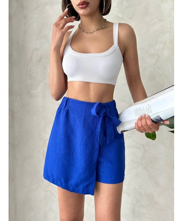 Fiyonklu şort etek saks s255021