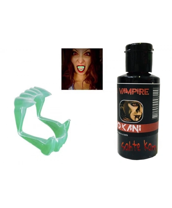 Fosforlu Çift Damak Takma Vampir Dişi Ve 50 Gr Tiyatro Kanı