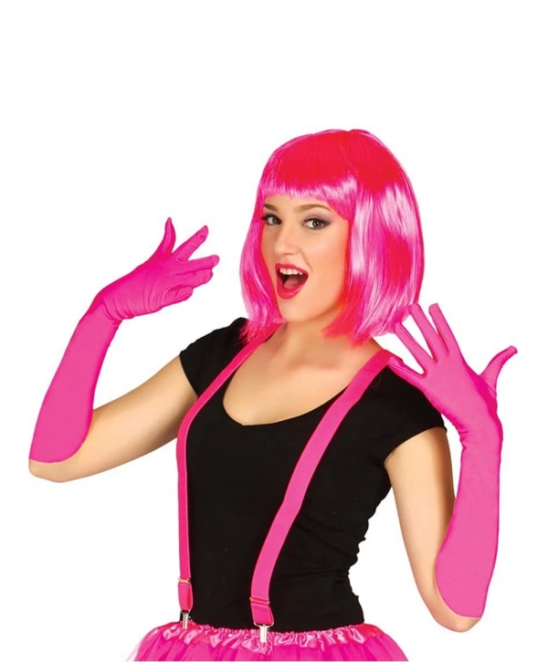 Fuşya Renk Saten Uzun Eldiven Ve Küt Parti Peruğu