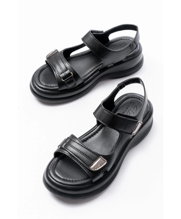 Ginya Siyah Cilt Cırt Cırtlı Sandalet