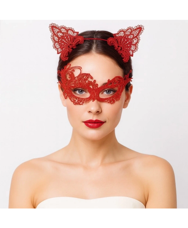 Gizemli Kırmızı Dantel Maske Ve Taç Seti 1 No - Kostüm Seti