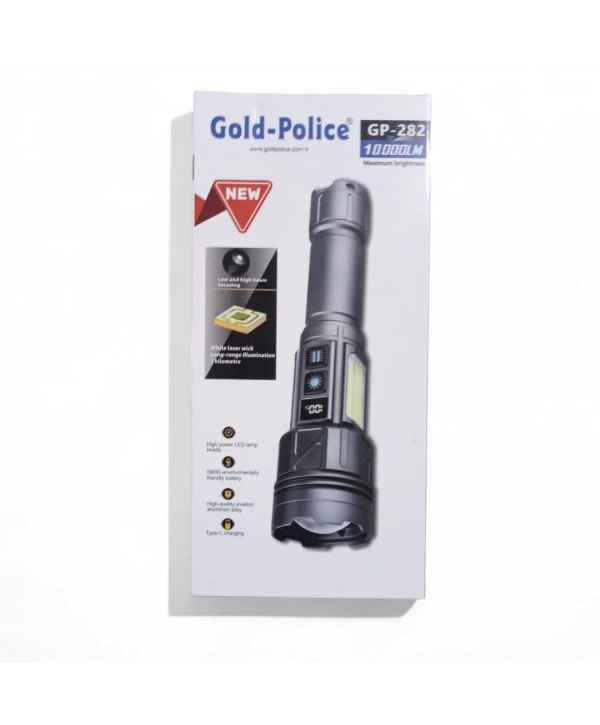 Gold-police Gp-282 Uzun Menzilli Güçlü Şarjlı 10000 Lümen El Feneri 11 Mod Çakar Işıklı Kırmızı-mavi-yeşil Led