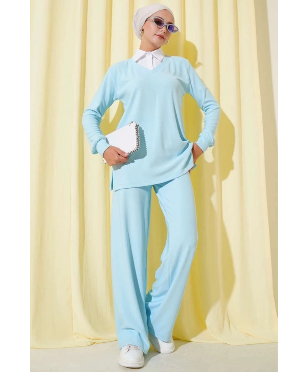 Gömlek Yaka Fitilli Salaş İkili Takım Buz Mavisi T4300