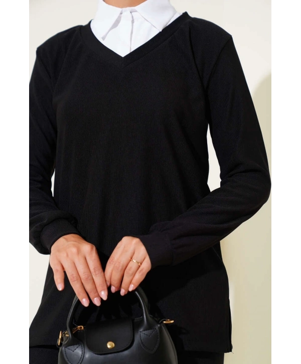 Gömlek Yaka Fitilli Salaş İkili Takım siyah T4300