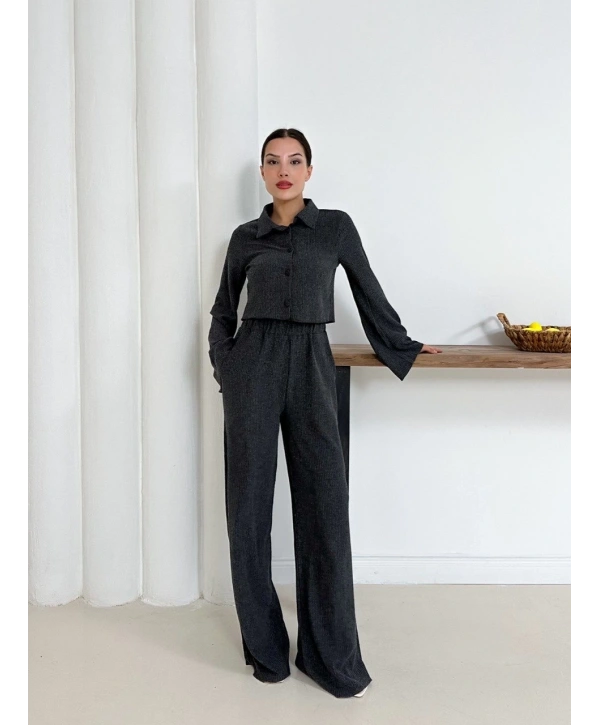 Gömlek yaka kaplama düğmeli takım antrasit st265866