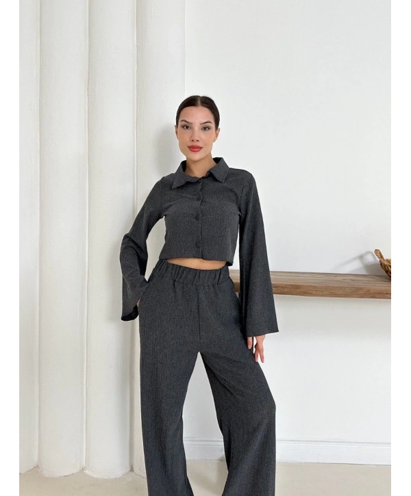 Gömlek yaka kaplama düğmeli takım antrasit st265866