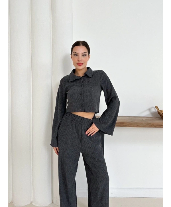 Gömlek yaka kaplama düğmeli takım antrasit st265866