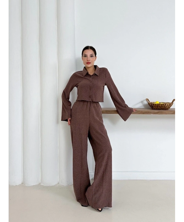 Gömlek yaka kaplama düğmeli takım kahve st265866