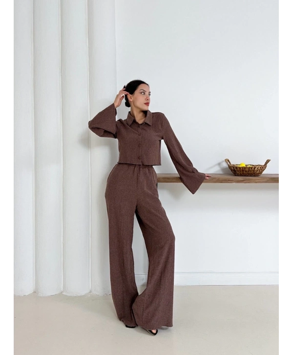 Gömlek yaka kaplama düğmeli takım kahve st265866