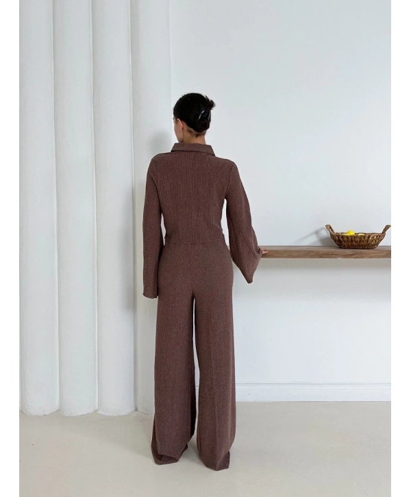 Gömlek yaka kaplama düğmeli takım kahve st265866