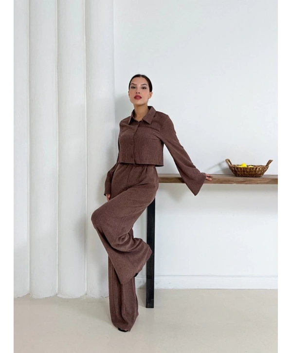 Gömlek yaka kaplama düğmeli takım kahve st265866