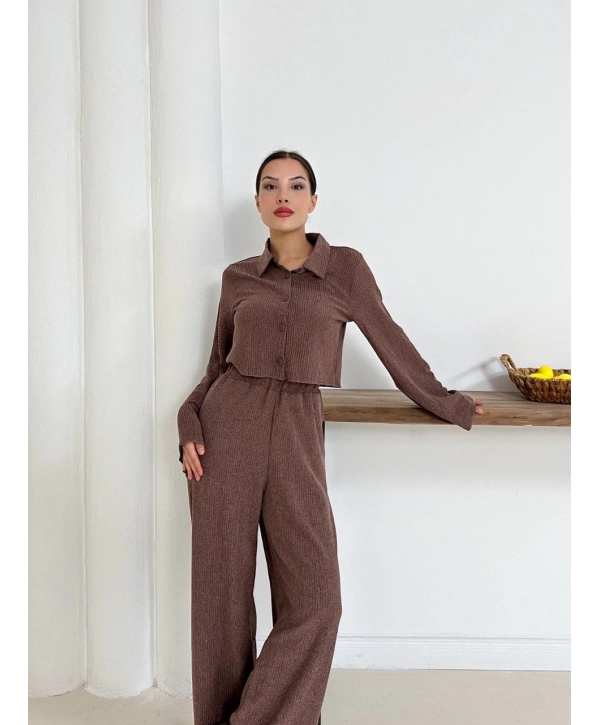 Gömlek yaka kaplama düğmeli takım kahve st265866