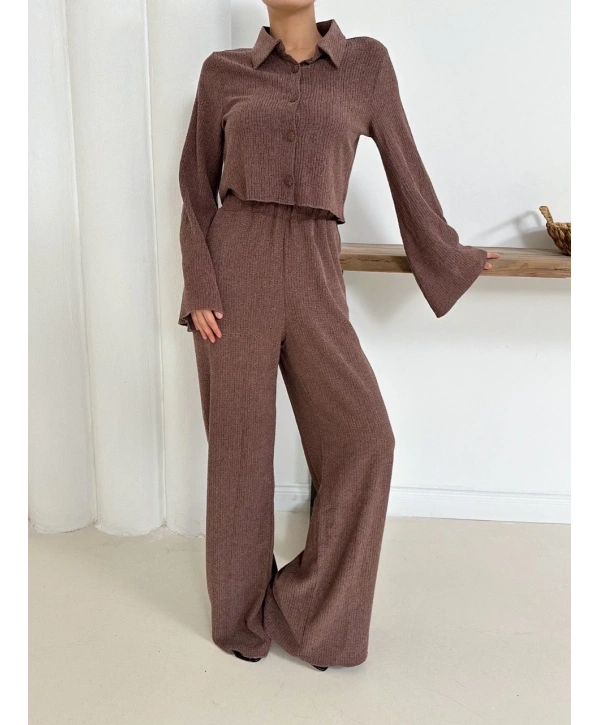 Gömlek yaka kaplama düğmeli takım kahve st265866