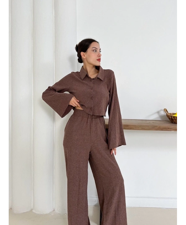 Gömlek yaka kaplama düğmeli takım kahve st265866