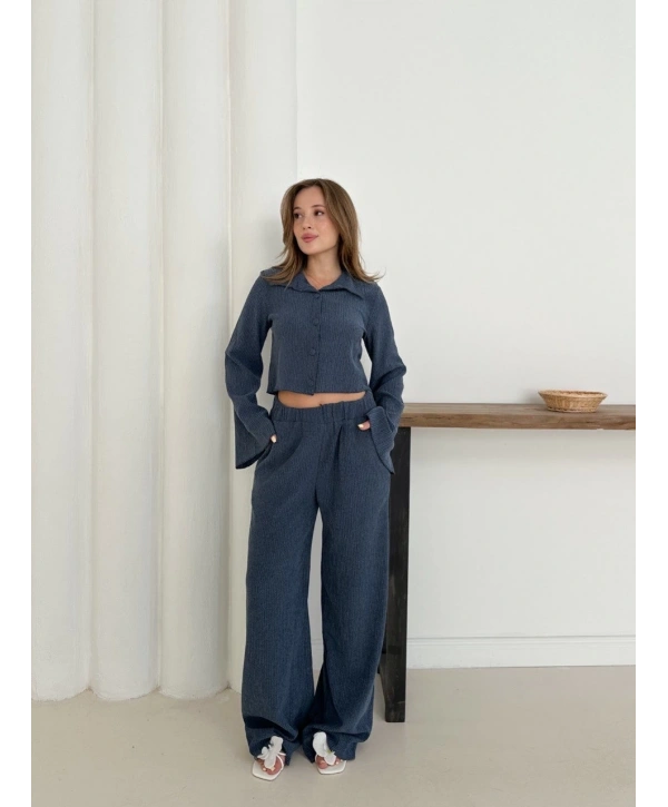 Gömlek yaka kaplama düğmeli takım lacivert st265866