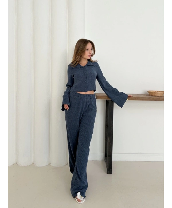 Gömlek yaka kaplama düğmeli takım lacivert st265866