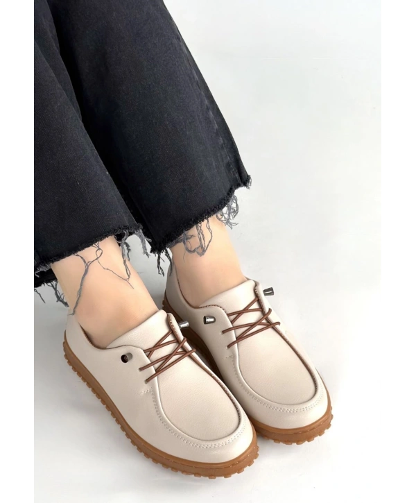 Guot Bej Cilt Bağcıklı Babet Ayakkabı