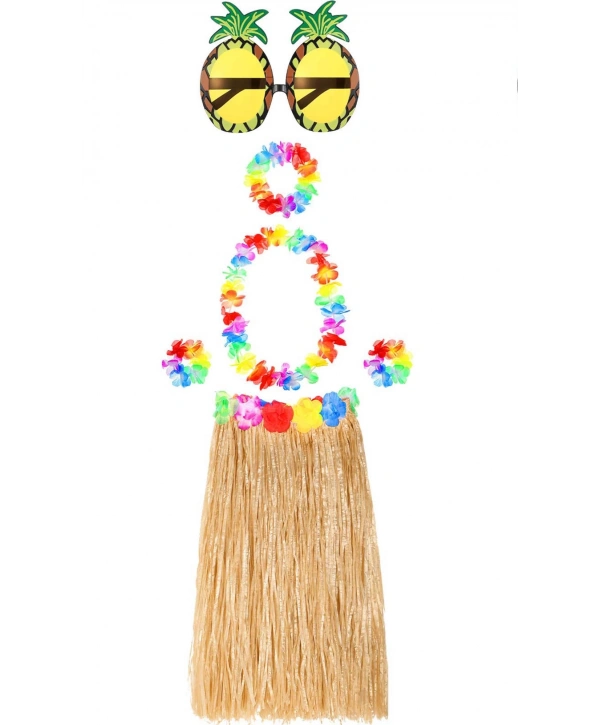 Hawaii Parti Kostüm Seti - 60 Cm Hasır Etek, Çiçekli Aksesuarlar Ve Ananas Gözlük