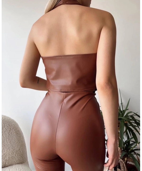 İki düğmeli deri yelek kahve s243001