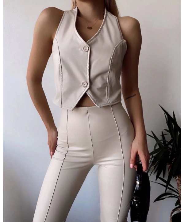 İki düğmeli deri yelek krem s243001